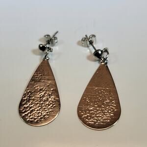 Hammered Copper Teardrop Earrings with Silver Stud Backing, Rustic Charm
